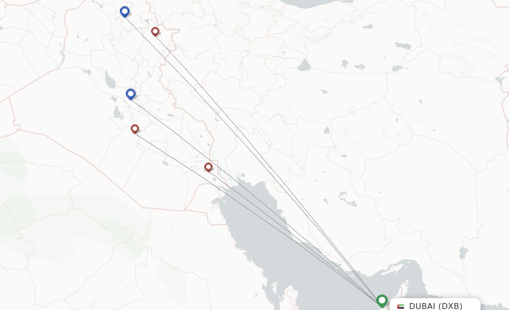 Route map with flights from Dubai with Iraqi Airways
