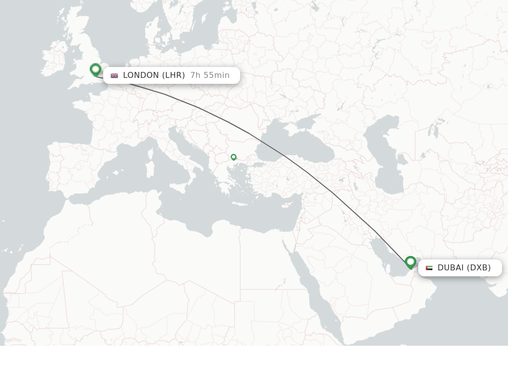 Flights from Dubai to London route map