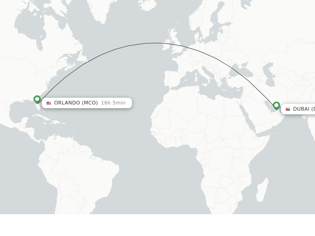 Flights from Dubai to Orlando route map