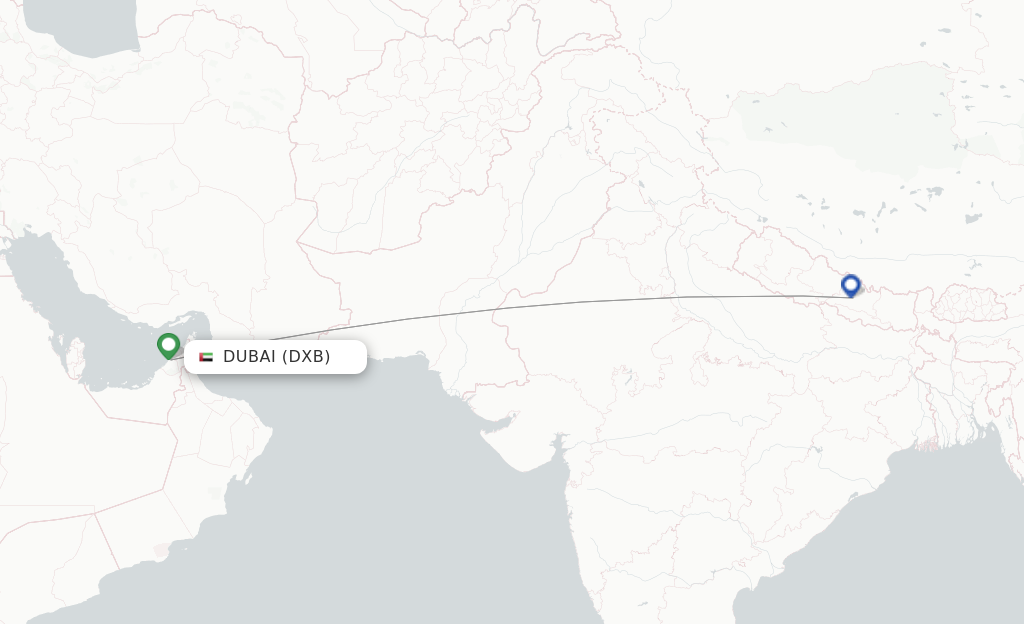 Route map with flights from Dubai with Nepal Airlines