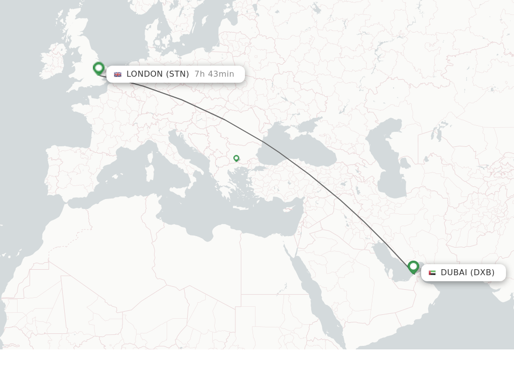 Flights from Dubai to London route map