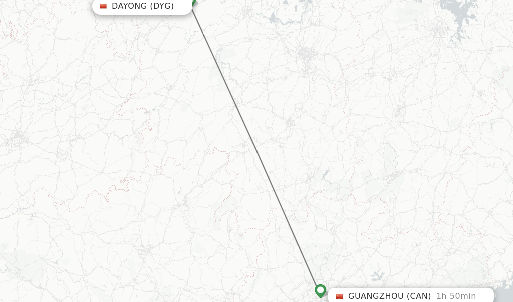 Flights from Dayong to Guangzhou route map
