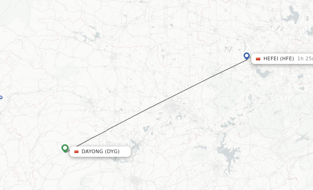 Flights from Dayong to Hefei route map