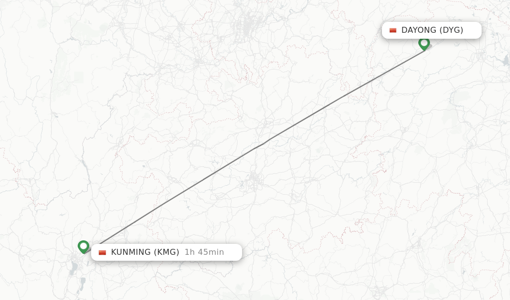 Flights from Dayong to Kunming route map