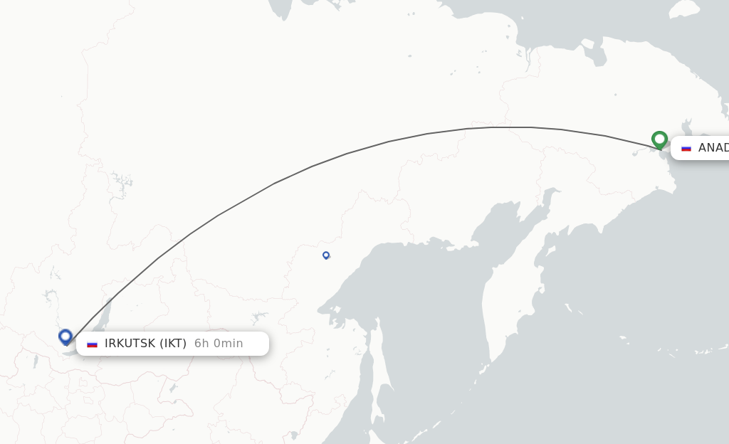 Flights from Anadyr to Irkutsk route map
