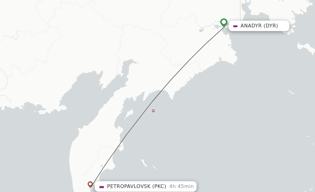 Flights from Anadyr to Petropavlovsk-Kamchatsky route map