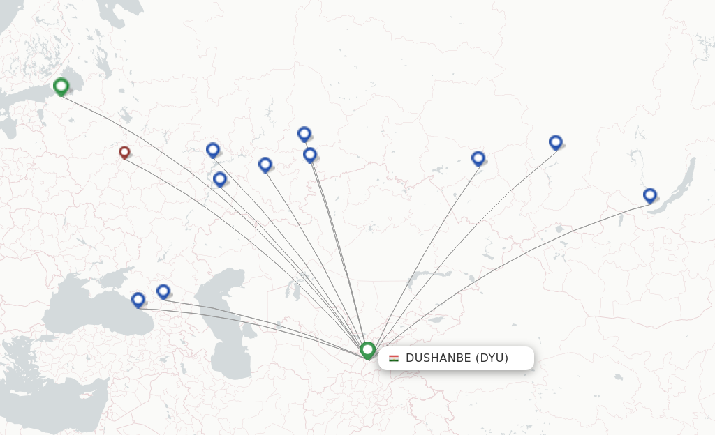 Route map with flights from Dushanbe with Ural Airlines
