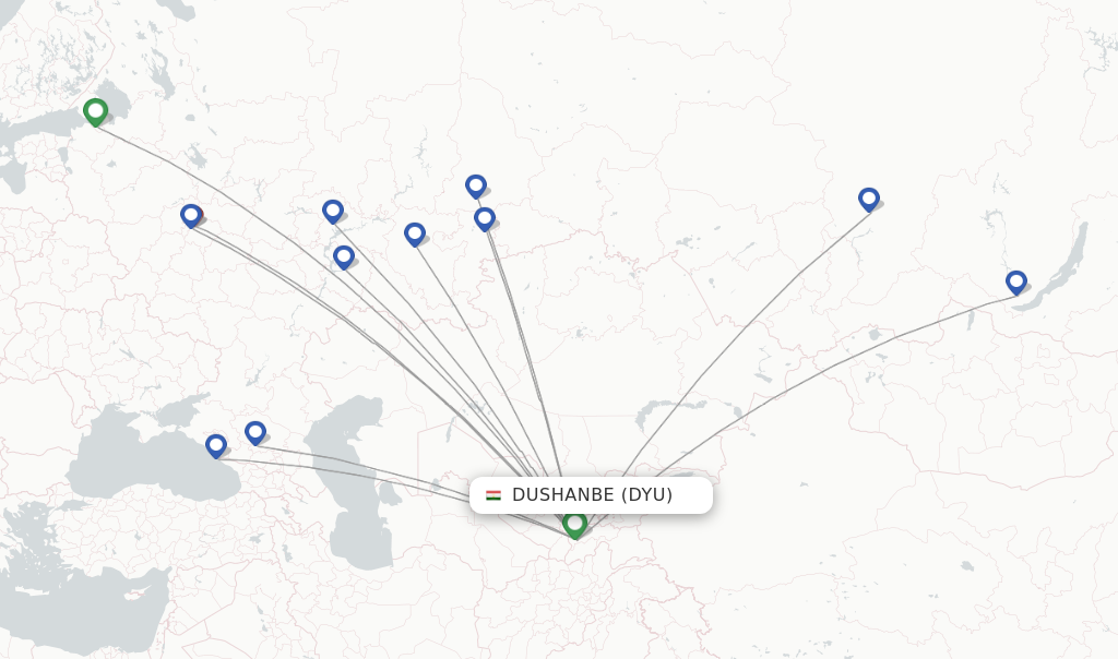 Route map with flights from Dushanbe with Ural Airlines