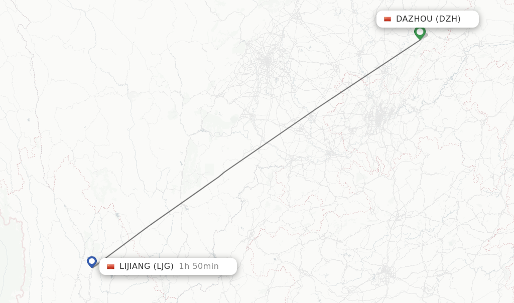 Flights from Dazhou to Lijiang route map