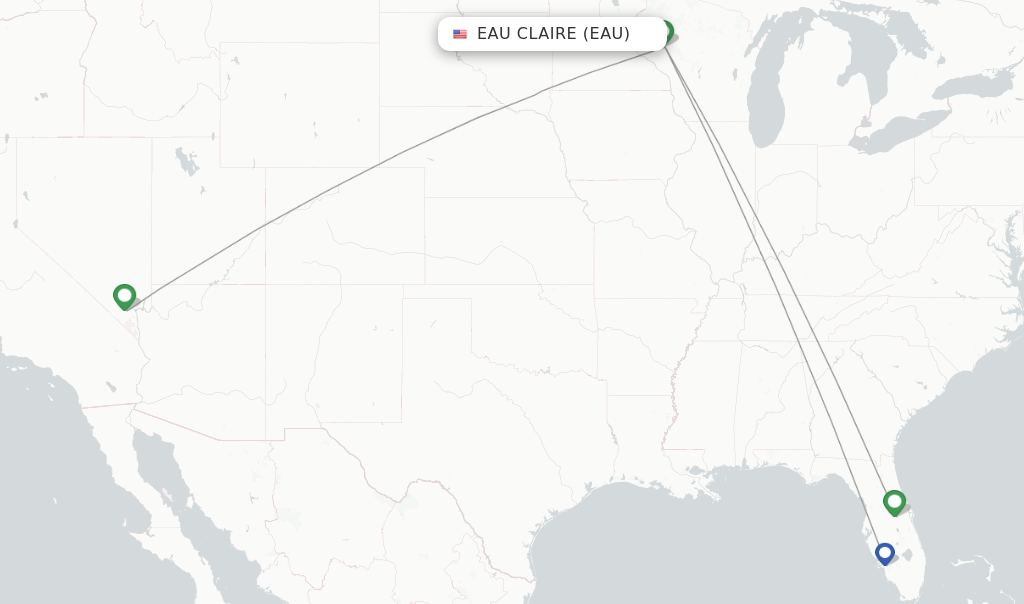 Route map with flights from Eau Claire with Sun Country Airlines