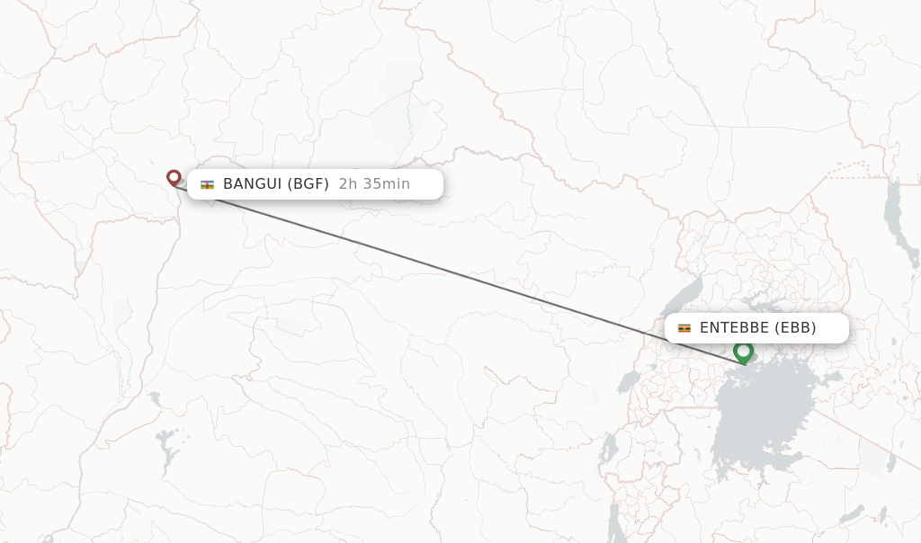 Flights from Entebbe to Bangui route map