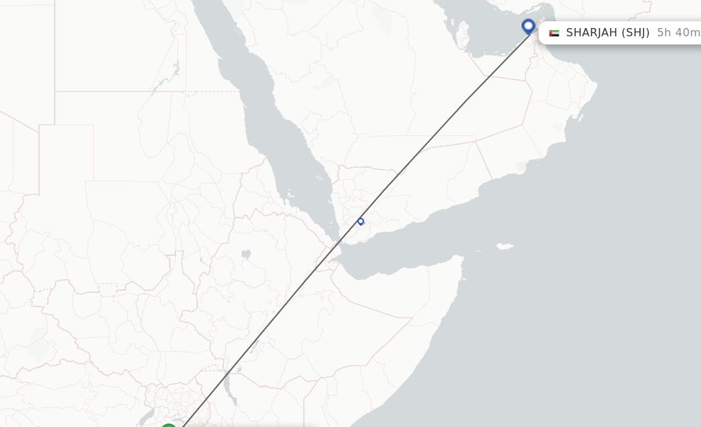 Flights from Entebbe to Sharjah route map