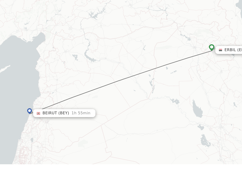 Flights from Erbil to Beirut route map