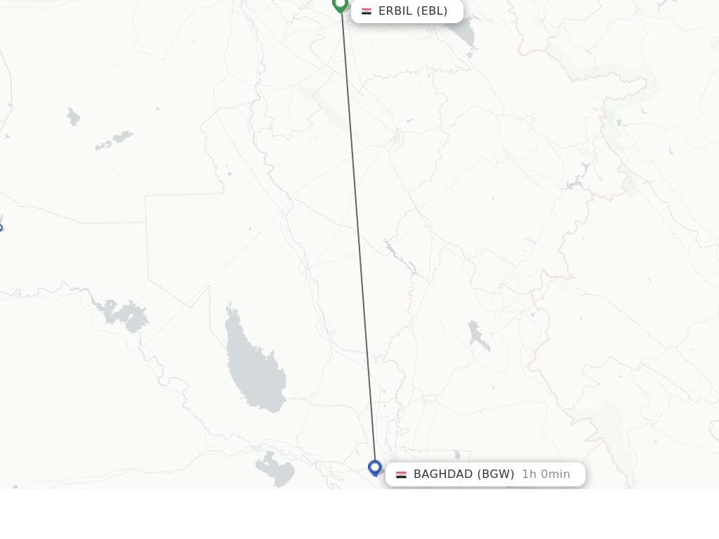 Flights from Erbil to Baghdad route map