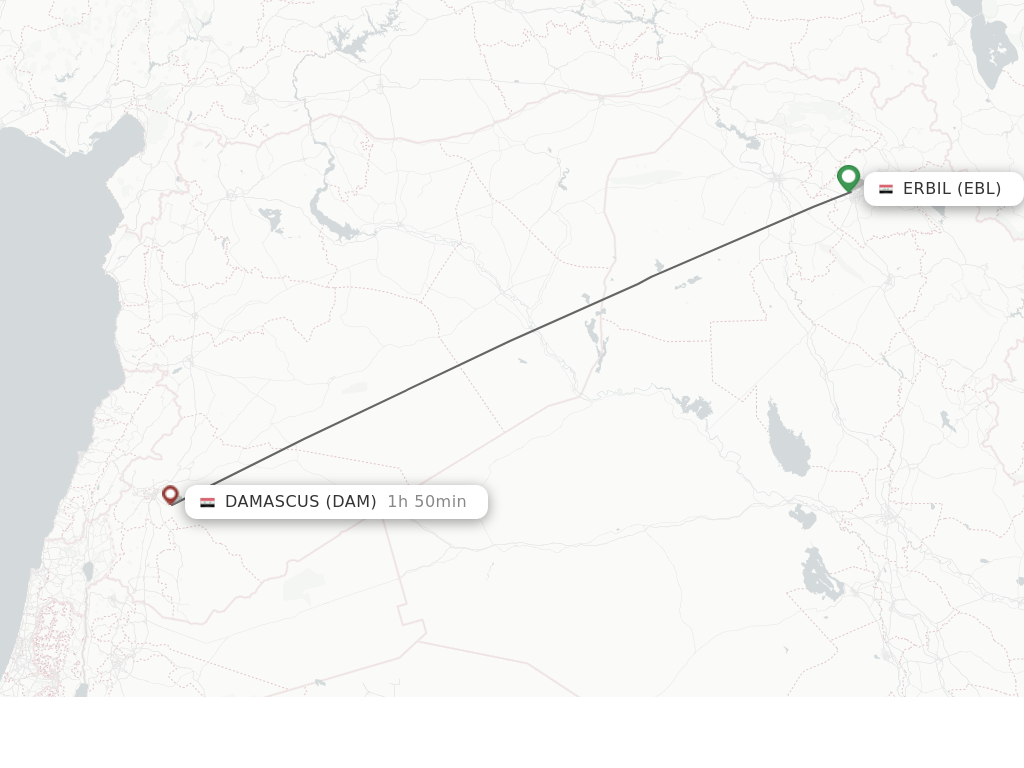 Flights from Erbil to Damascus route map