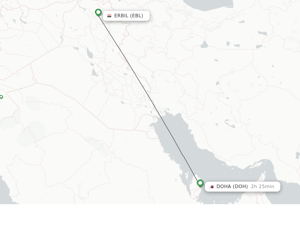 Flights from Erbil to Doha route map