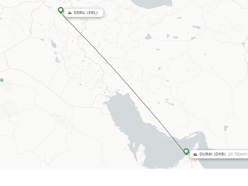 Flights from Erbil to Dubai route map