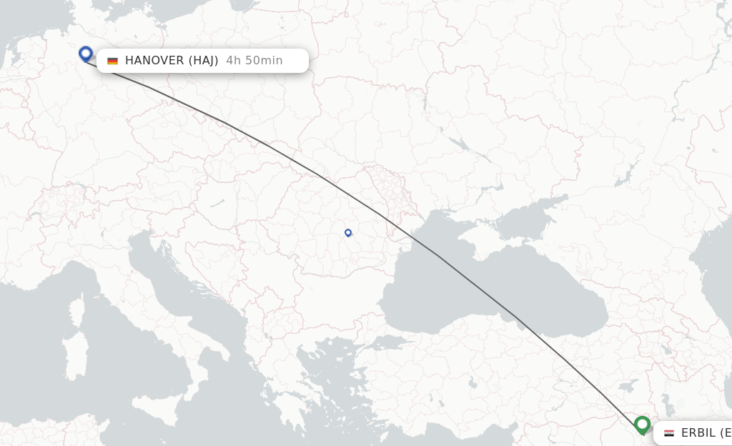 Flights from Erbil to Hanover route map