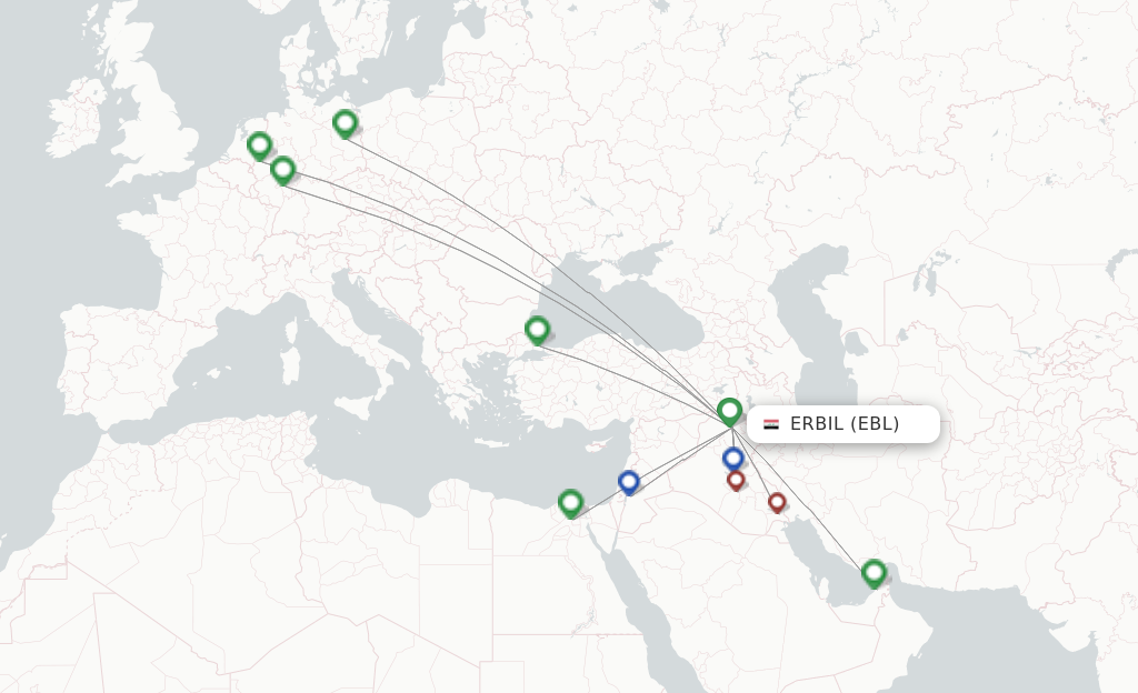 Route map with flights from Erbil with Iraqi Airways