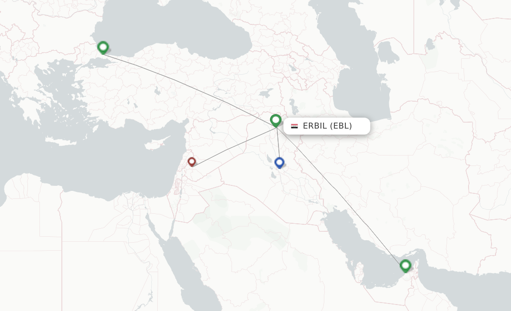 Route map with flights from Erbil with Fly Baghdad