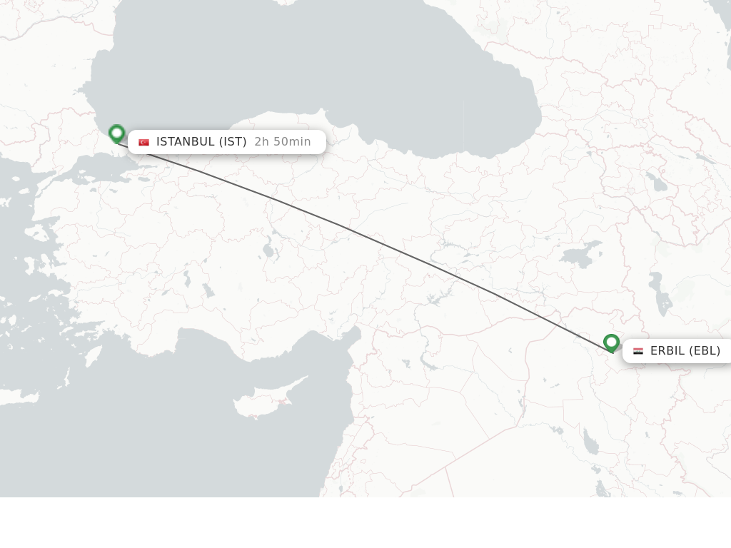 Flights from Erbil to Istanbul route map