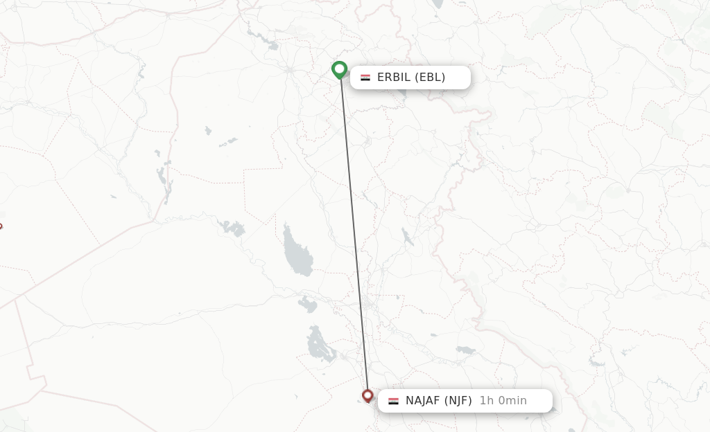 Flights from Erbil to Al-Najaf route map