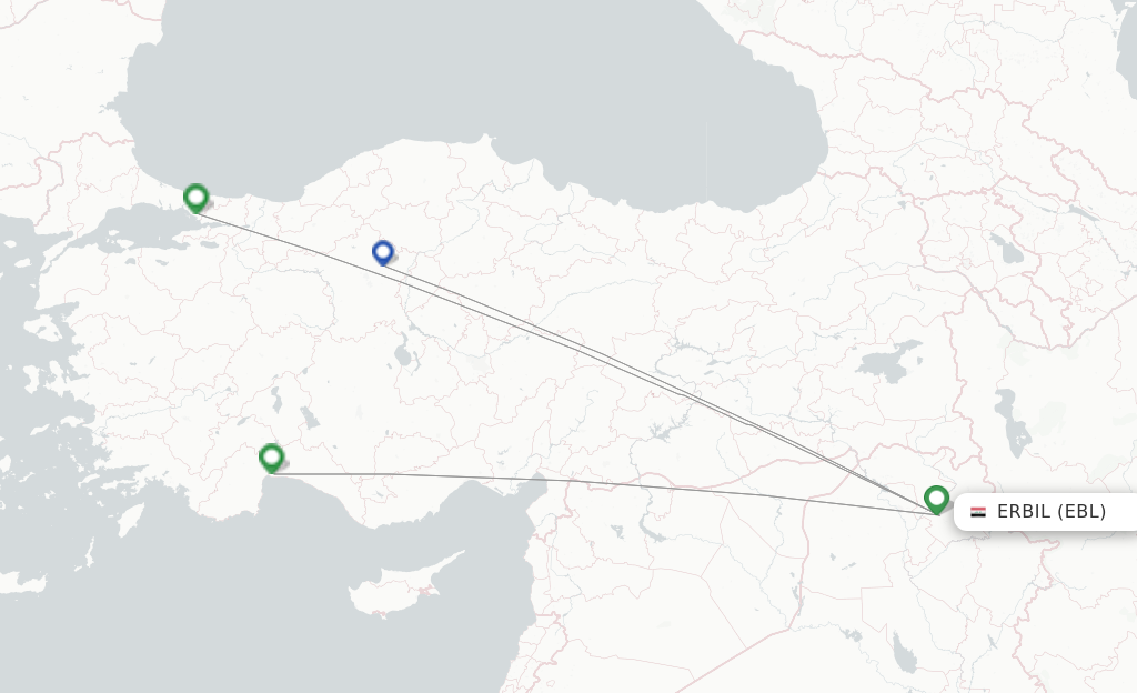 Route map with flights from Erbil with Pegasus