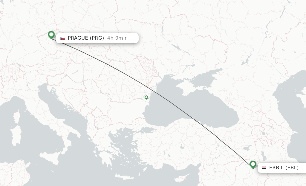 Flights from Erbil to Prague route map