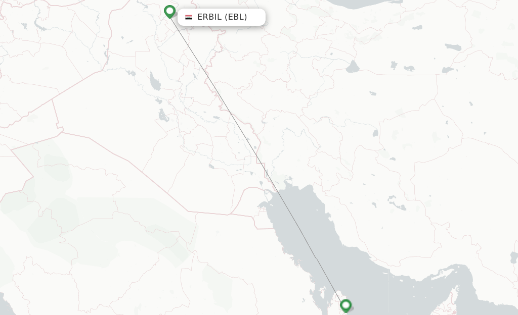 Route map with flights from Erbil with Qatar Airways