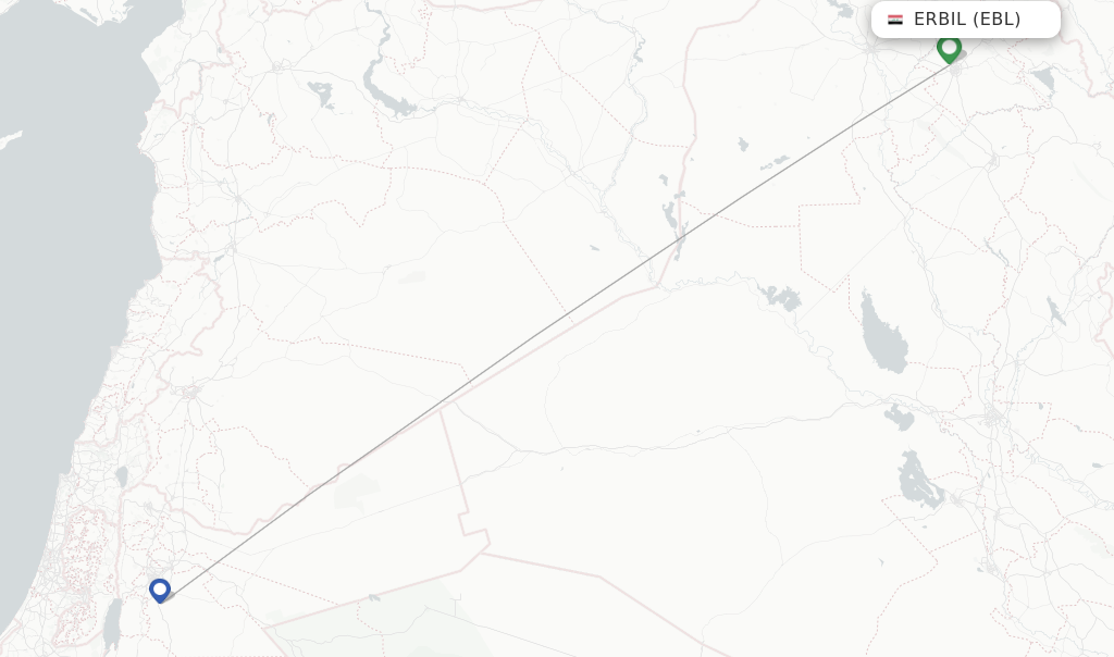 Route map with flights from Erbil with Royal Jordanian
