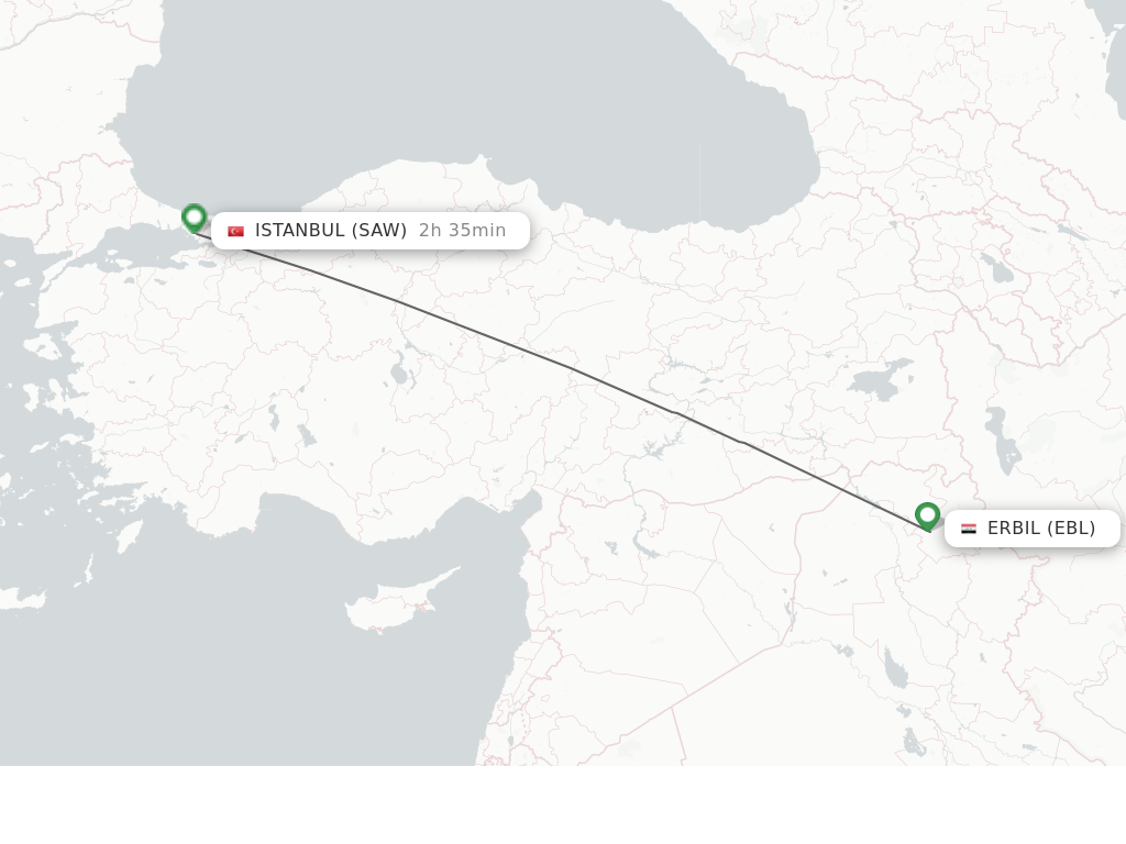 Flights from Erbil to Istanbul route map