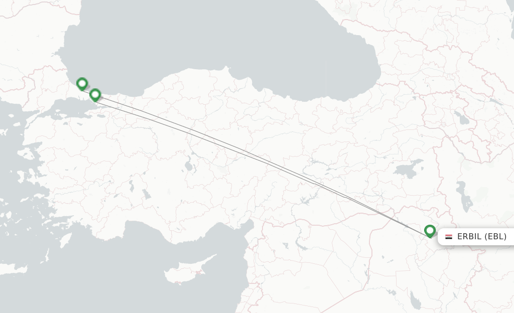Route map with flights from Erbil with Turkish Airlines