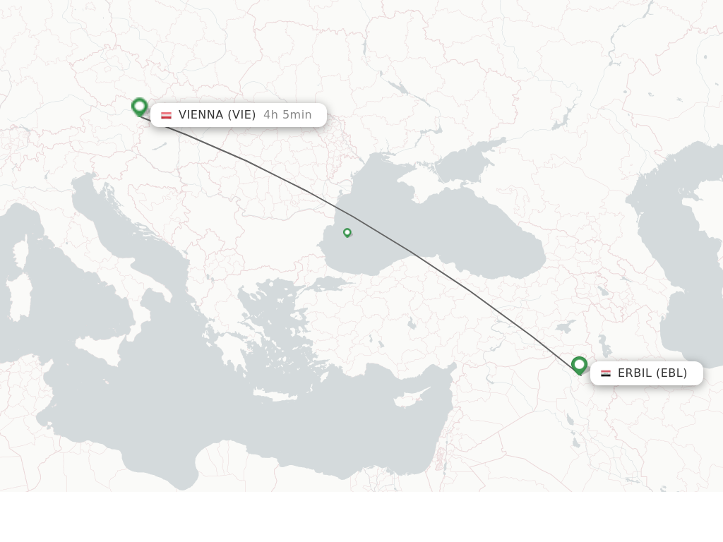 Flights from Erbil to Vienna route map