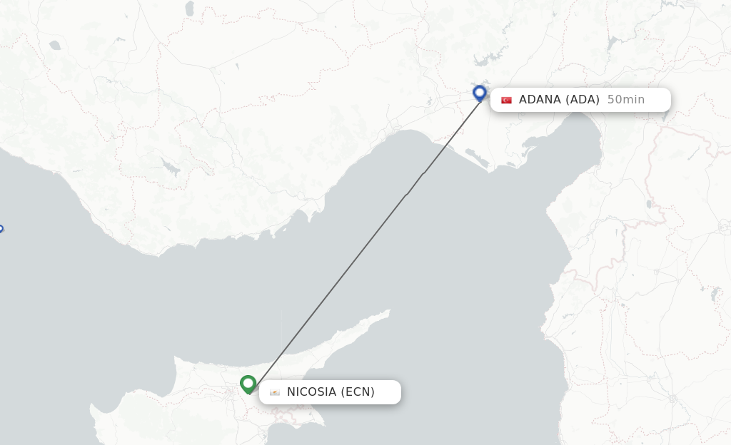 Flights from Ercan to Adana route map