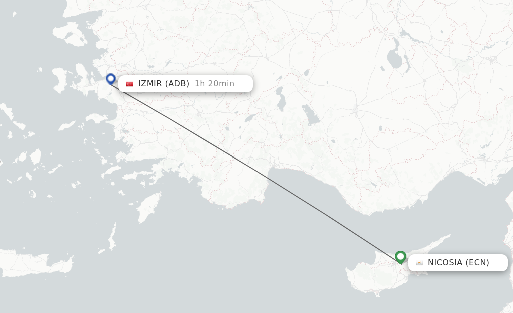 Flights from Ercan to Izmir route map