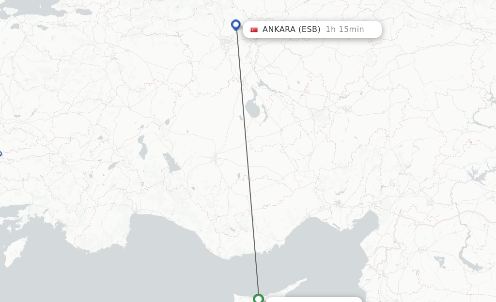 Flights from Ercan to Ankara route map