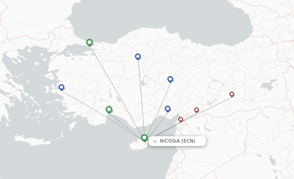 Route map with flights from Ercan with Pegasus