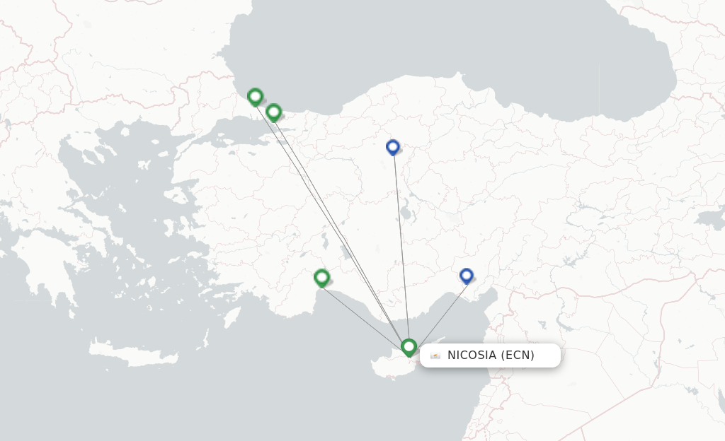 Route map with flights from Ercan with Turkish Airlines