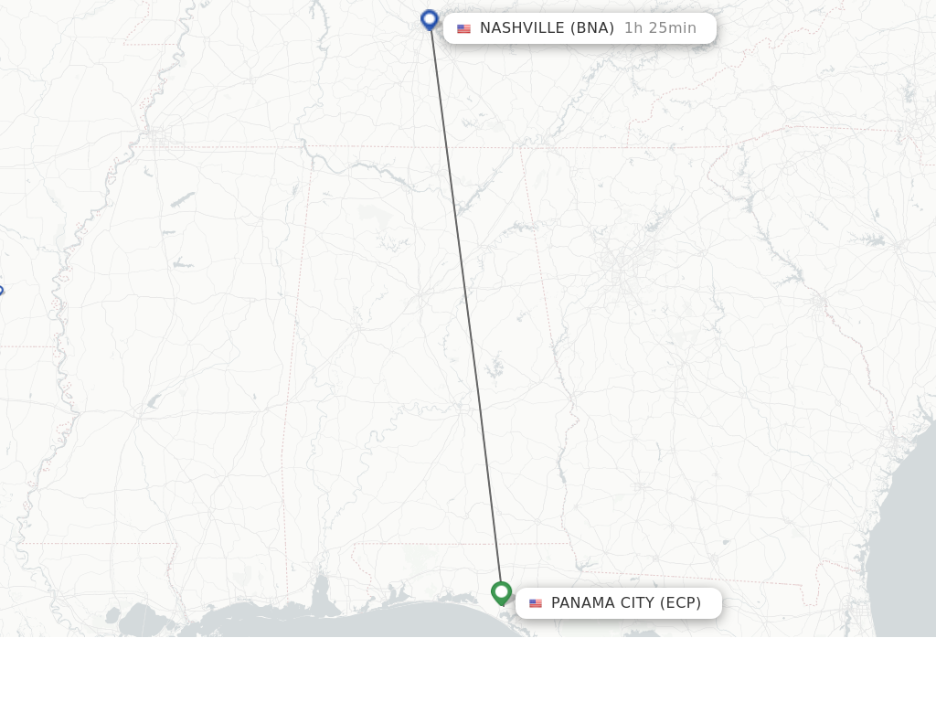 Flights from Panama City to Nashville route map