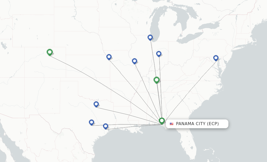 Route map with flights from Panama City with Southwest Airlines
