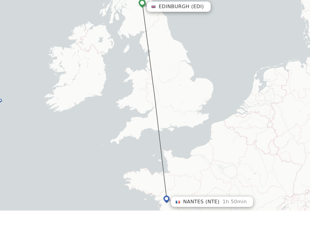 Flights from Nantes to Edinburgh route map