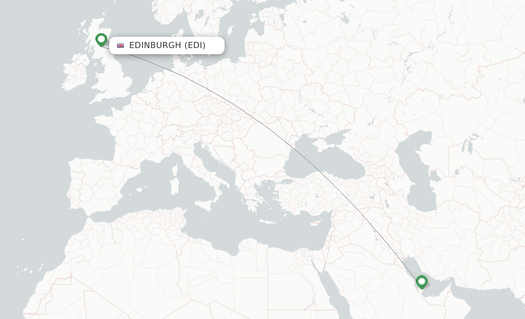 Route map with flights from Edinburgh with Qatar Airways