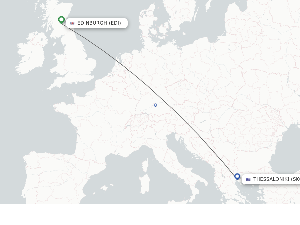 Flights from Thessaloniki to Edinburgh route map