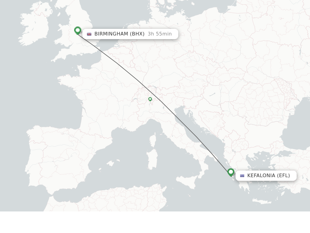 Flights from Kefallinia to Birmingham route map