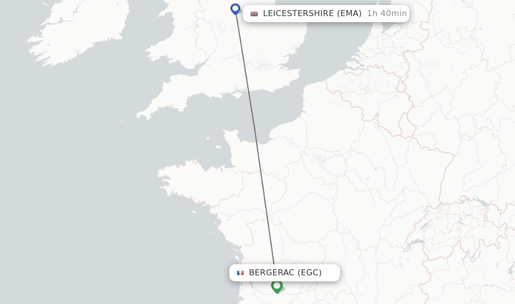Flights from Bergerac to Leicestershire route map