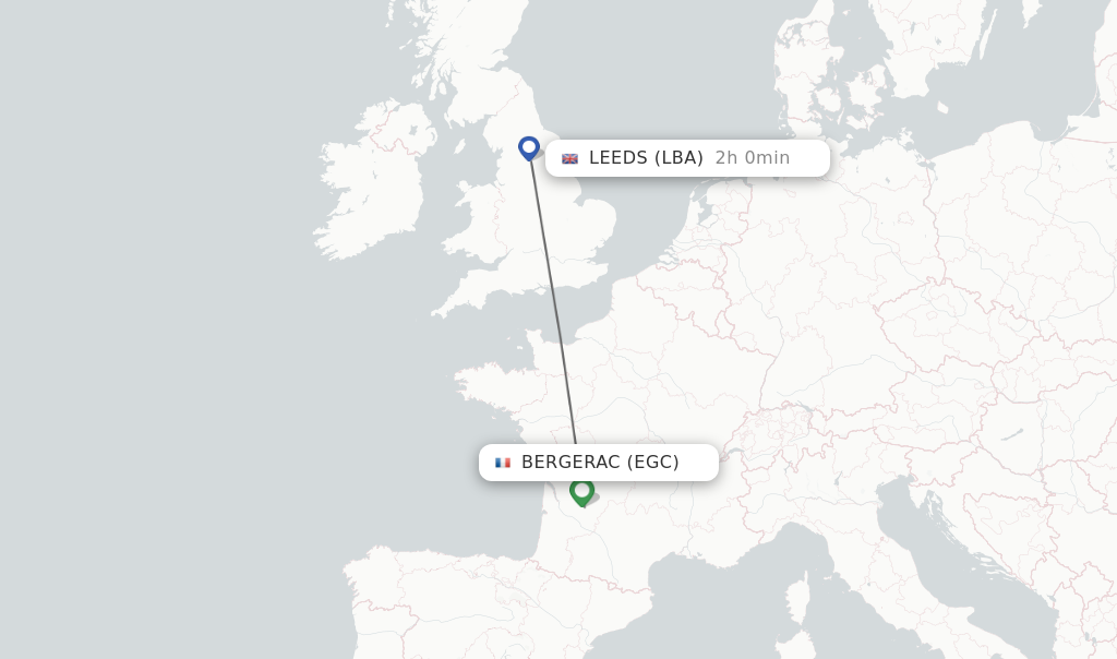 Flights from Bergerac to Leeds route map