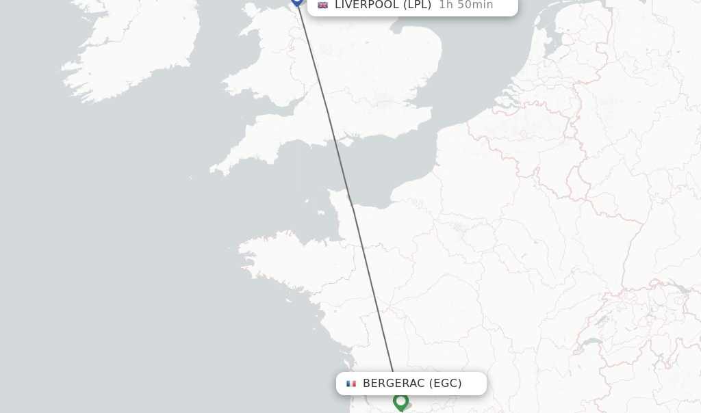 Flights from Bergerac to Liverpool route map