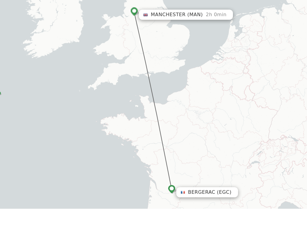 Flights from Bergerac to Manchester route map