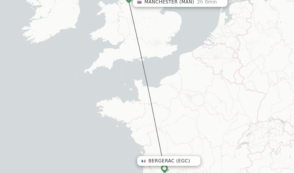 Flights from Bergerac to Manchester route map