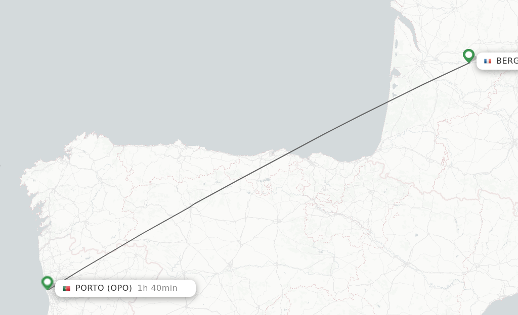 Flights from Bergerac to Porto route map